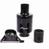 djs8188-edit01_23766697738_o-1-1jpg - OPSHOLDERS Black automotive exhaust muffler with top inlet and separate mounting flange and caps on a white background