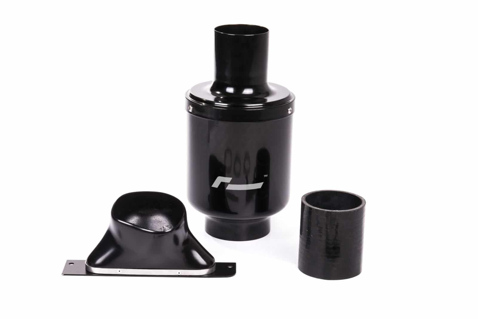 djs8188-edit01_23766697738_o-1-1jpg - OPSHOLDERS Black automotive exhaust muffler with top inlet and separate mounting flange and caps on a white background