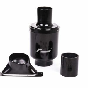 Black glossy cylindrical device with a wide base, topped by a shorter neck, plus two separate black metal pieces lying nearby (baseplate and sleeve).