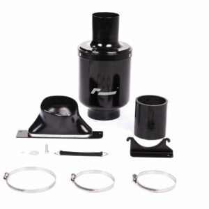 Collection of black metal automotive parts, including a large canister, mounting brackets, clamps, and circular bands laid out on a white surface.