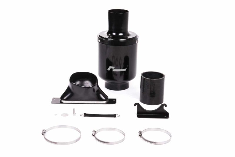 Collection of black metal automotive parts, including a large canister, mounting brackets, clamps, and circular bands laid out on a white surface.