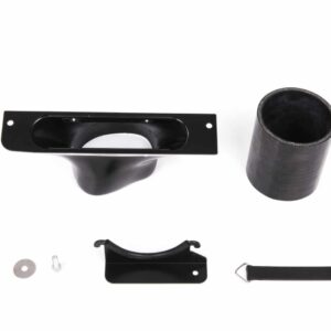 Assorted black metal hardware parts: long rectangular bracket with a circular opening, a cylindrical tube, curved bracket, strap with metal ends, washers and fasteners.