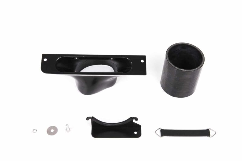 Assorted black metal hardware parts: long rectangular bracket with a circular opening, a cylindrical tube, curved bracket, strap with metal ends, washers and fasteners.