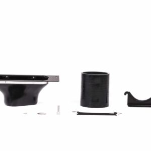 Set of black metal hardware pieces laid out on a white background: a curved mounting base, a cylindrical sleeve, a U-shaped bracket, screws, and strap hardware.