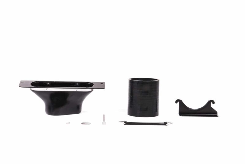 Set of black metal hardware pieces laid out on a white background: a curved mounting base, a cylindrical sleeve, a U-shaped bracket, screws, and strap hardware.