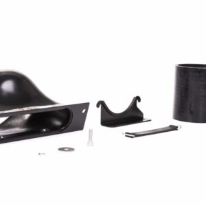 Disassembled black car exhaust tailpipe and muffler with mounting bracket and assorted hardware on a white background.