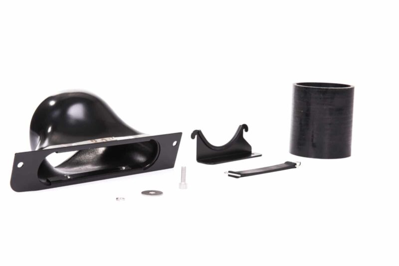 Disassembled black car exhaust tailpipe and muffler with mounting bracket and assorted hardware on a white background.