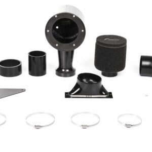 Disassembled car air intake kit with filter, ducting, clamps, and mounting brackets on a white background.