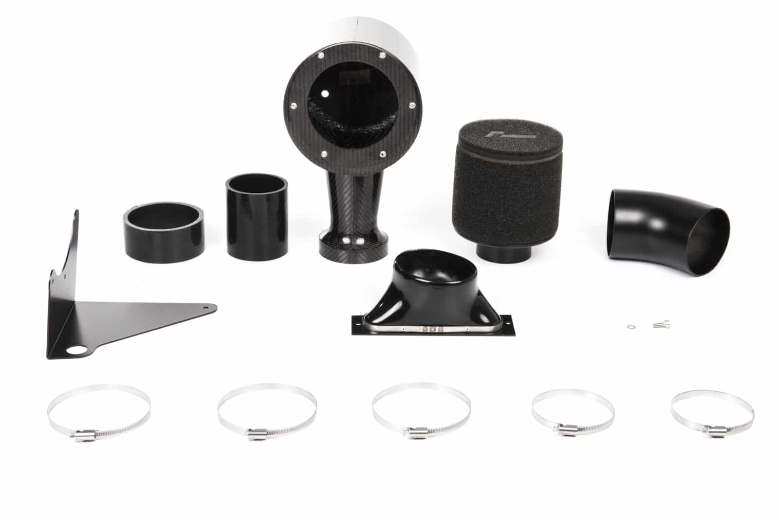 djs8204-edit_37571455796_o-1jpg - OPSHOLDERS Disassembled car air intake kit with filter, ducting, clamps, and mounting brackets on a white background.