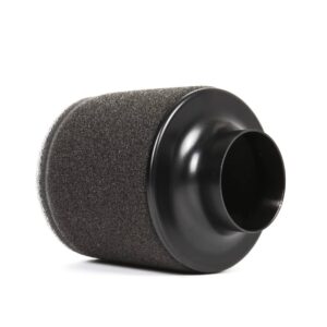 djs8215-edit_36909588024_o-1jpg - OPSHOLDERS Black cylindrical foam air filter with a metal end, resting on a white background
