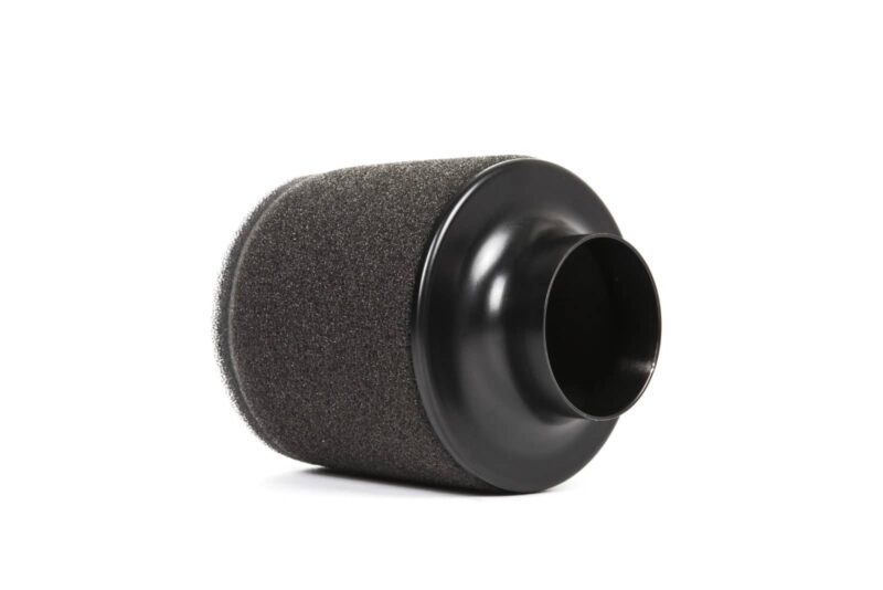 djs8215-edit_36909588024_o-1jpg - OPSHOLDERS Black cylindrical foam air filter with a metal end, resting on a white background