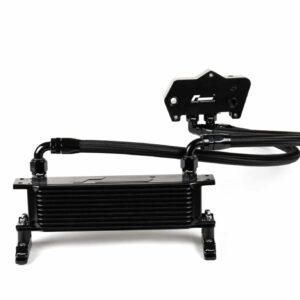 Black metal mechanical assembly featuring braided hoses connected to a radiator-like component on a metal stand.