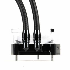 Close-up of two braided hoses with metal connectors mounted on a black industrial base.