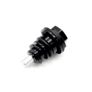 Close-up of a black, ridged mechanical component with a metal shaft, set against a white background