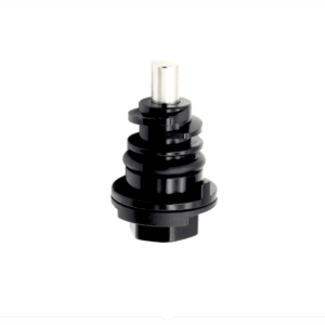 Close-up of a black, multi-tiered cylindrical mechanical part with a silver top pin on white background.