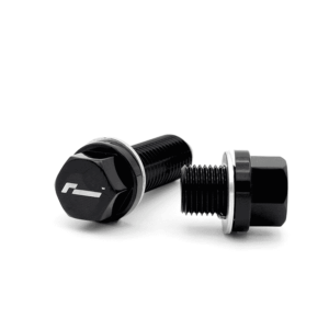 haldex-magnetic-plug-set_50810860762_o-1png - OPSHOLDERS Two black metal bolts with hex heads and washers on a white background (one bolt laid down, the other with nut end).