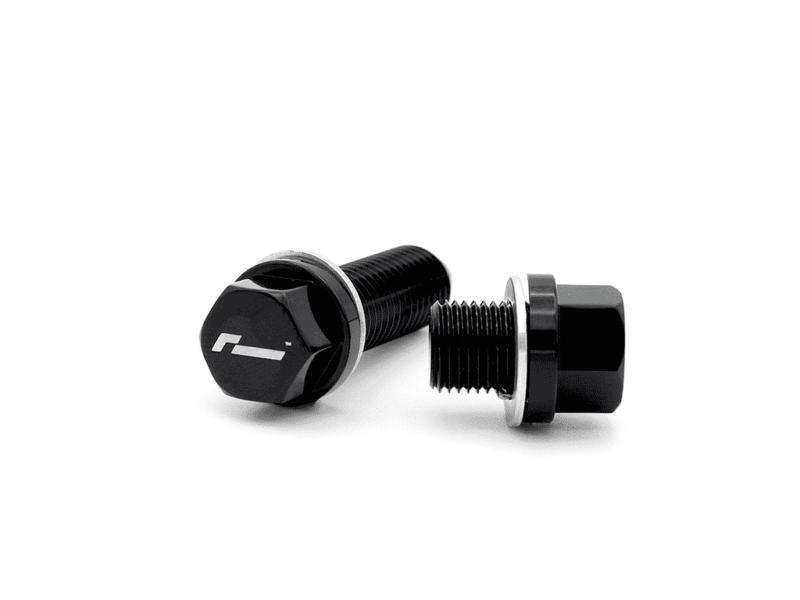 haldex-magnetic-plug-set_50810860762_o-1png - OPSHOLDERS Two black metal bolts with hex heads and washers on a white background (one bolt laid down, the other with nut end).