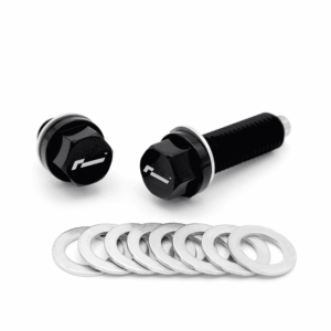 Two black hex bolts with silver washers and a row of loose washers on a white background.
