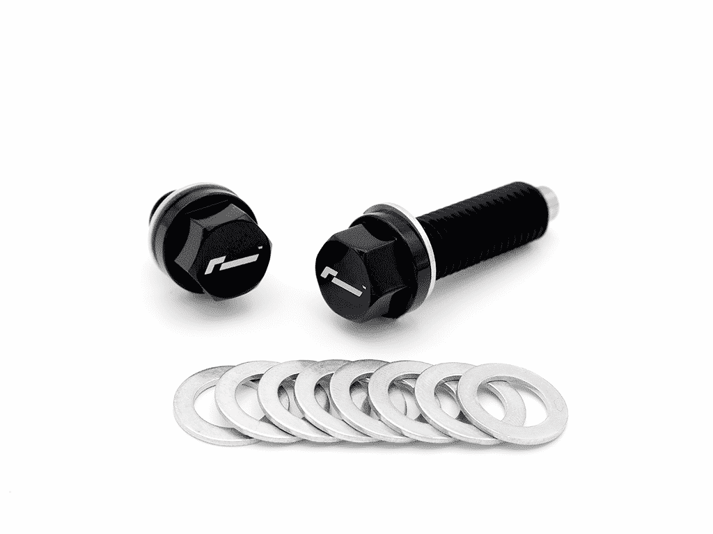 haldex-magnetic-plug-set_50810860832_o-1png - OPSHOLDERS Two black hex bolts with silver washers and a row of loose washers on a white background.