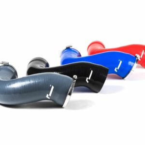 Assorted curved silicone hoses in gray, black, blue, and red with metal clamps on a white background