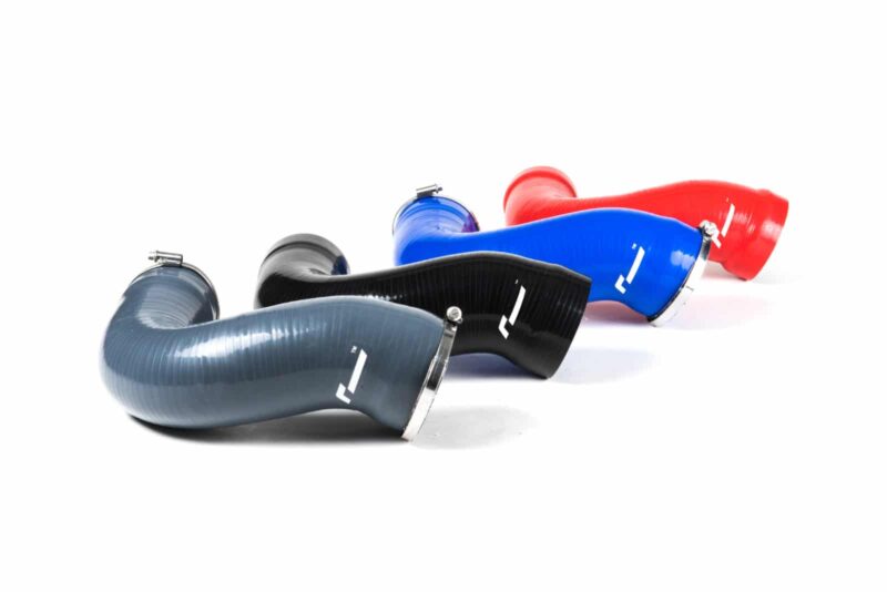 Assorted curved silicone hoses in gray, black, blue, and red with metal clamps on a white background