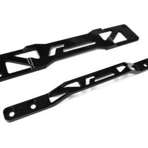 Black metal mounting bracket with triangular cutouts and screw holes on ends (diagonal perspective).