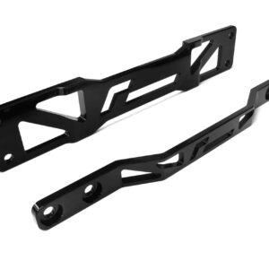 Black metal mounting bracket with multiple cutouts and screw holes, shown at an angle on a white background.