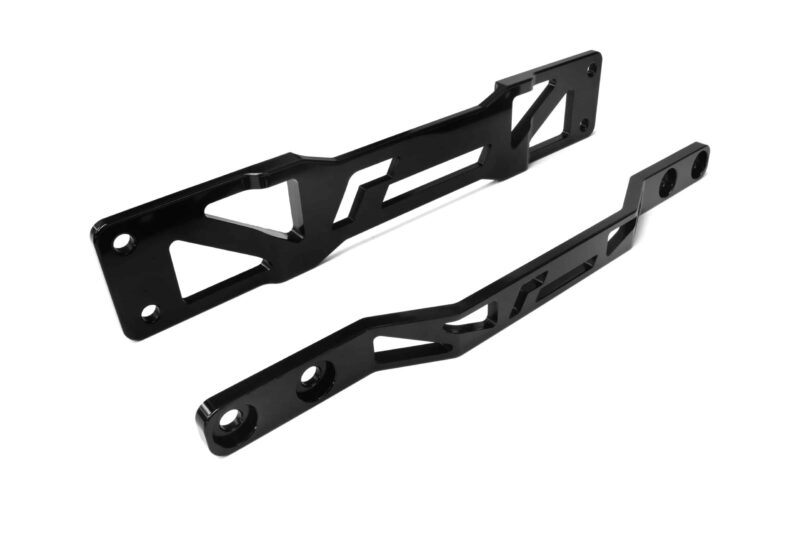Black metal mounting bracket with multiple cutouts and screw holes, shown at an angle on a white background.