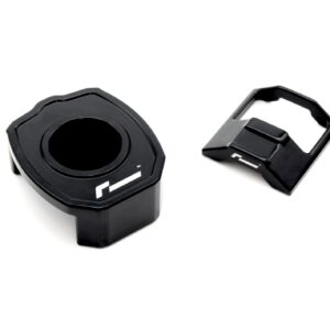 lower-motor-mount-twin-dogbone-inserts_52732108335_o-2jpg - OPSHOLDERS Close-up of a black plastic mount with a large circular opening and a separate hinged clamp on a white background.