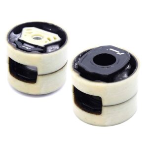 lower-motor-mount-twin-dogbone-inserts_52732183553_o-scaled-3jpg - OPSHOLDERS Close-up of two white plastic caster wheels with black inner cores and exposed bearings, showing signs of wear and dirt.