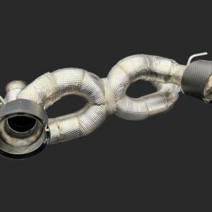 Twin exhaust pipes with braided, heat-wrapped center section on a dark background; after-market exhaust component.
