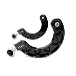 Close-up of black curved mechanical joints with circular bearings, likely part of a wearable brace.