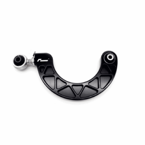 Close-up of a black curved mechanical component with two white circular bearings at each end on a white background, viewed from above.)