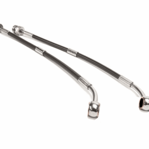 Two metal hoses with curved chrome tips connected to black flex tubing, likely medical or dental gas lines on a white background.