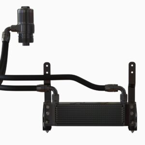 PC water cooling radiator assembly with two thick black flexible hoses and mounting brackets