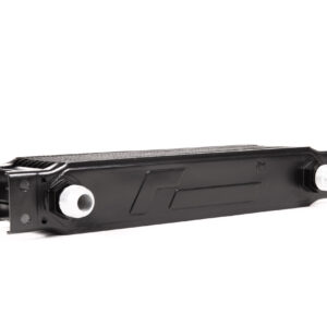 oil-cooler-vwr18-g700_45820317092_o-scaled-1jpg - OPSHOLDERS Black metal drive mounting bracket with two white plastic standoffs, seen from a low angle against a white background.