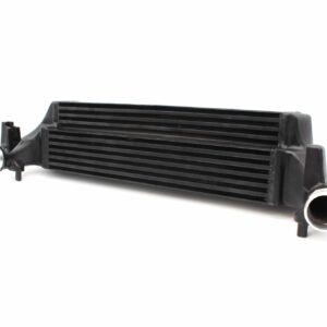 polo-gti-aw-intercooler_53247202052_o-1jpg - OPSHOLDERS Black automotive intercooler core with side inlet and outlet hoses visible on each end, oriented horizontally.