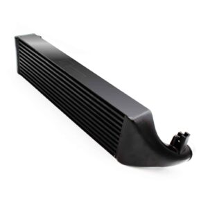 Close-up of a black, curved plastic component with evenly spaced horizontal grooves and a small connector at the end