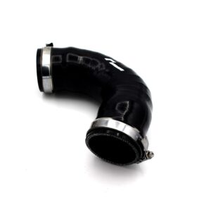 Black flexible rubber hose with metal clamps on a white background.