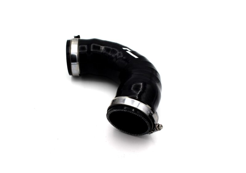 Black flexible rubber hose with metal clamps on a white background.
