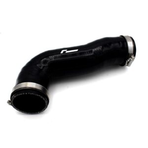 Curved black automotive hose with metal clamps at each end.