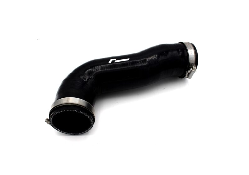 Curved black automotive hose with metal clamps at each end.