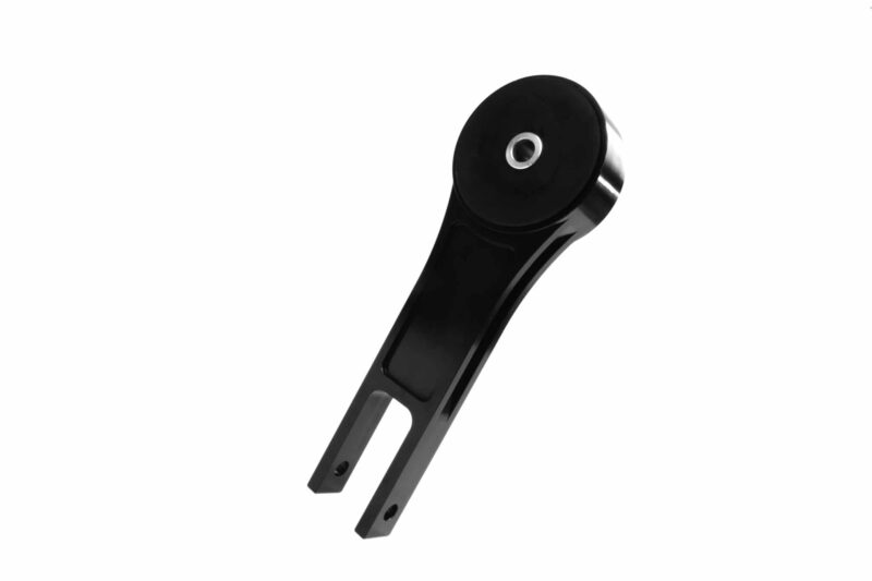Close-up of a black, glossy bicycle crank arm with a visible hollow spindle hole at the joint area