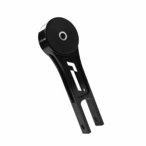 Close-up of a black metal lever with a circular pulley wheel at the end against a white background.