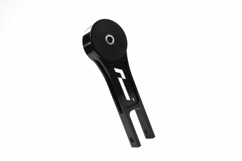 Close-up of a black metal lever with a circular pulley wheel at the end against a white background.