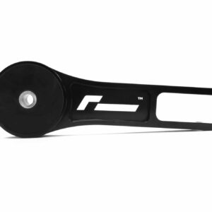 Black pizza cutter with a large circular wheel and long curved handle for slicing pizza.