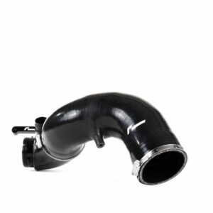 Curved black silicone intercooler hose with metal clamps on a white background, shown from the side (automotive part)