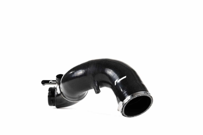 Curved black silicone intercooler hose with metal clamps on a white background, shown from the side (automotive part)