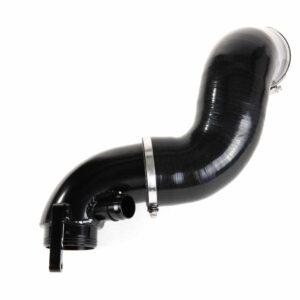 Black curved automotive intercooler/turbo pipe with metal hose clamps on a white background