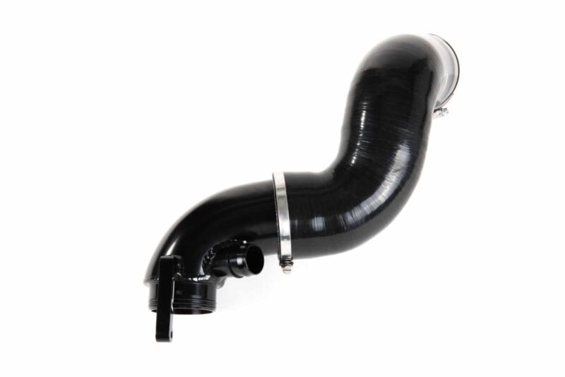 Black curved automotive intercooler/turbo pipe with metal hose clamps on a white background